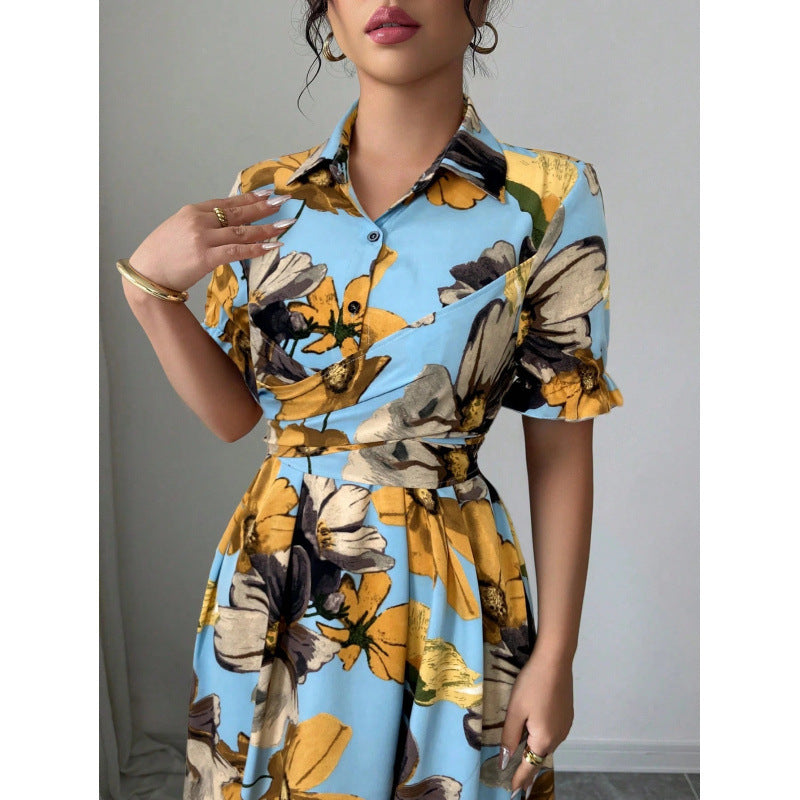 Vestido estampado de mujer con mangas abullonadas – Estilo con cuello de blusa y lazo en la cintura