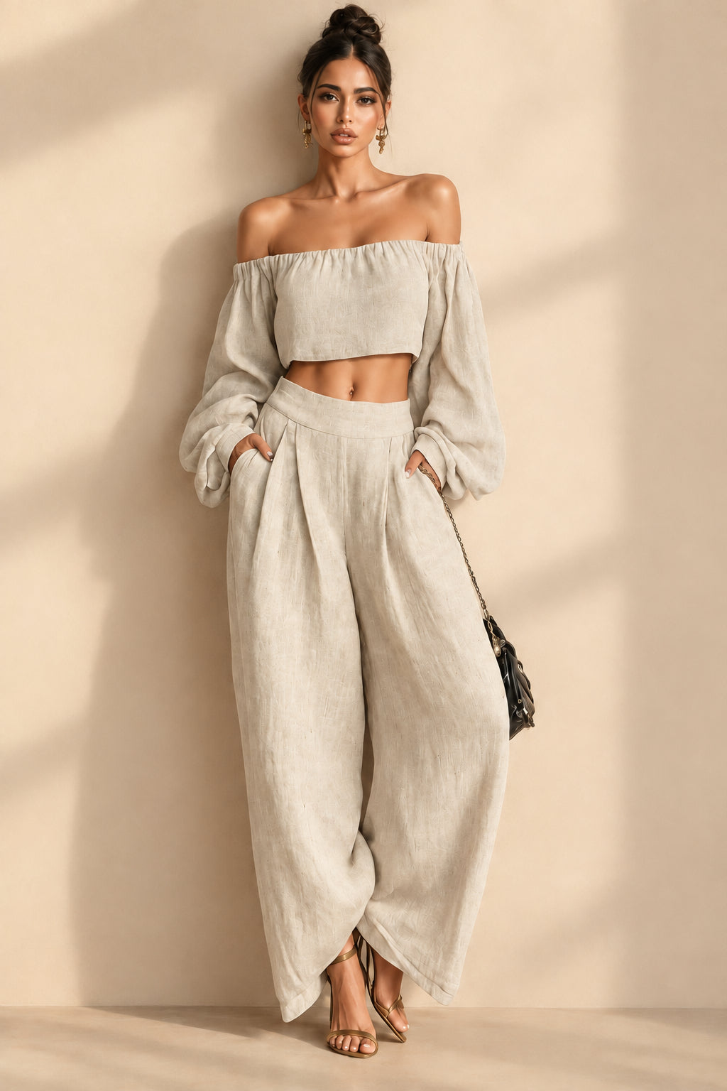 Women's Off-Shoulder Balloon-Sleeve Crop Top & Balloon-Leg Pants Set