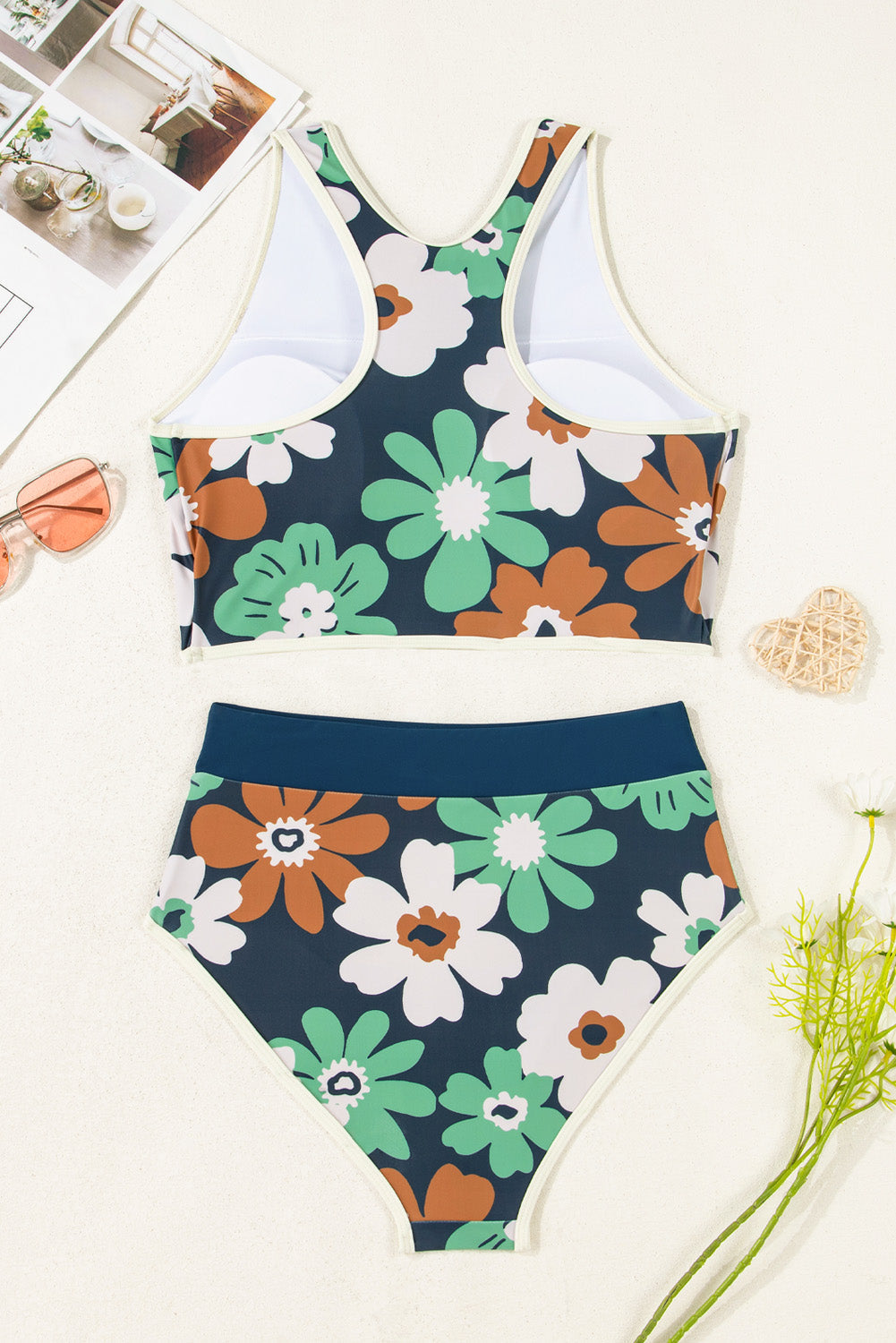 Bikini de talle alto con cremallera y espalda nadadora estampado de flores azules