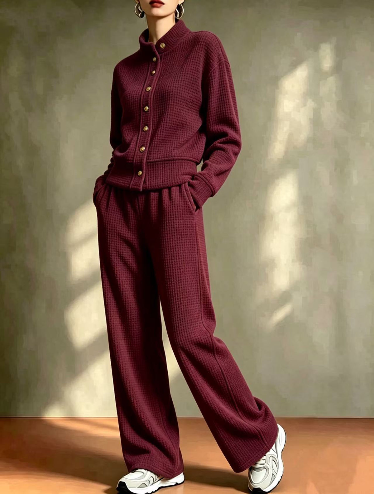 Women's Waffle Stand-Collar Cardigan & Wide-Leg Pants Set