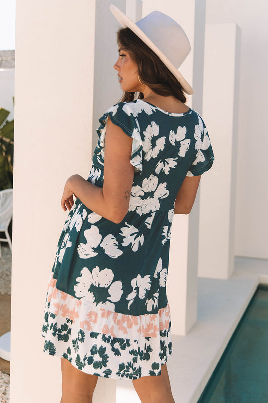 Minivestido verde con estampado floral, manga con volantes y corte imperio