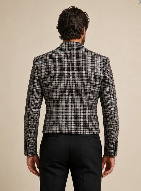 Men Cropped Plaid Tuxedo Blazer Black Velvet Peak Lapel Jacket Only