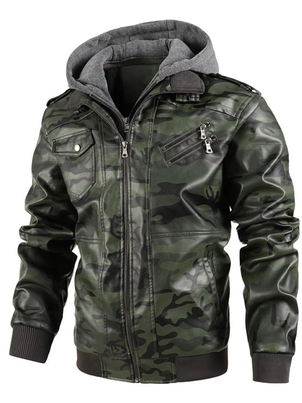 Men's Full Size Hooded Faux Leather Moto Jacket Plus Size