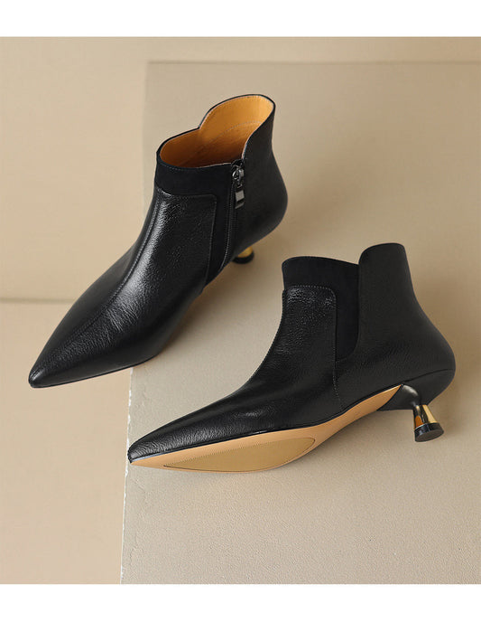 Women's Genuine Leather Kitten Heel Ankle Boots – Pointed Toe Side Zip