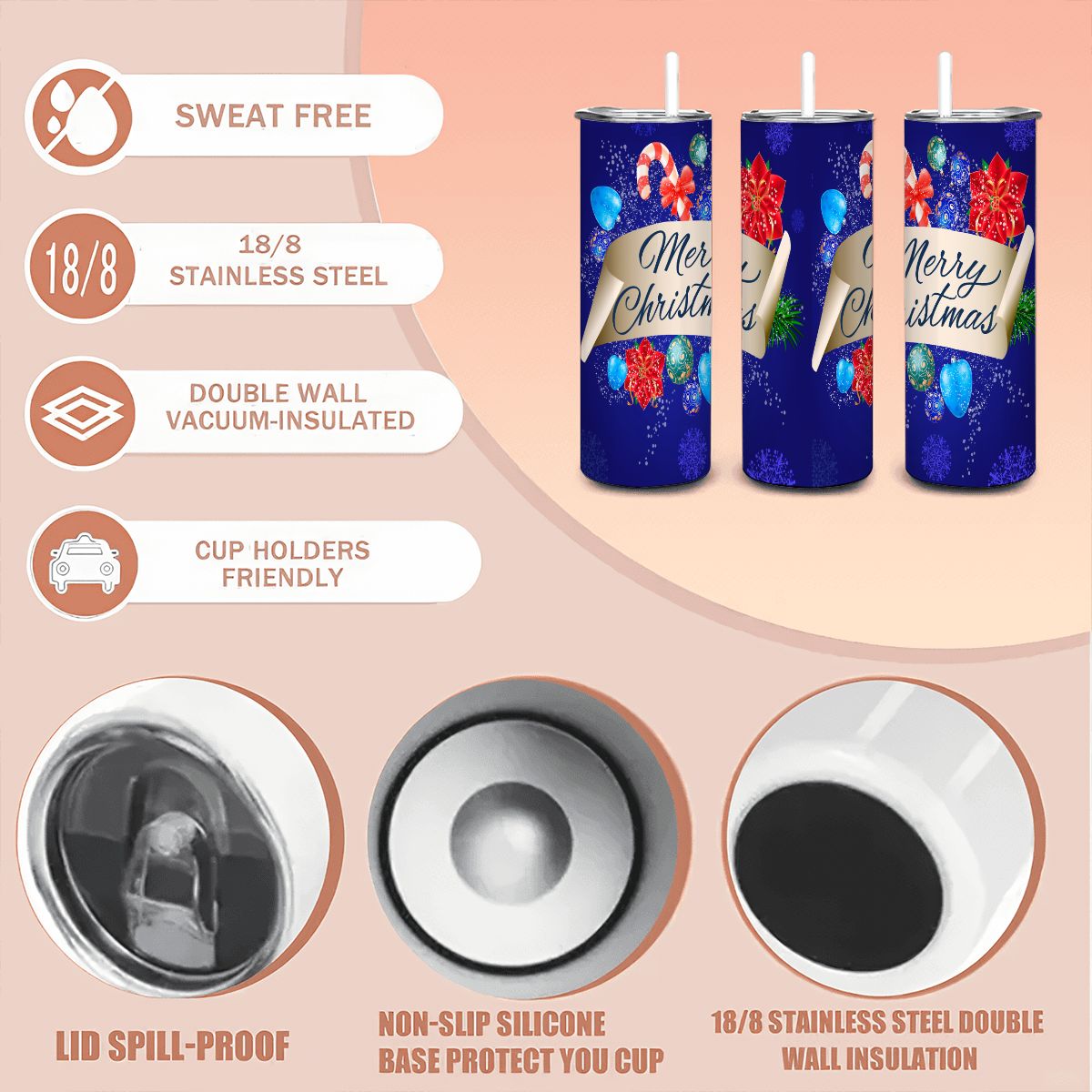 Blue Merry Christmas 20oz Straight Stainless Steel Tumbler with Straw(Made in USA)