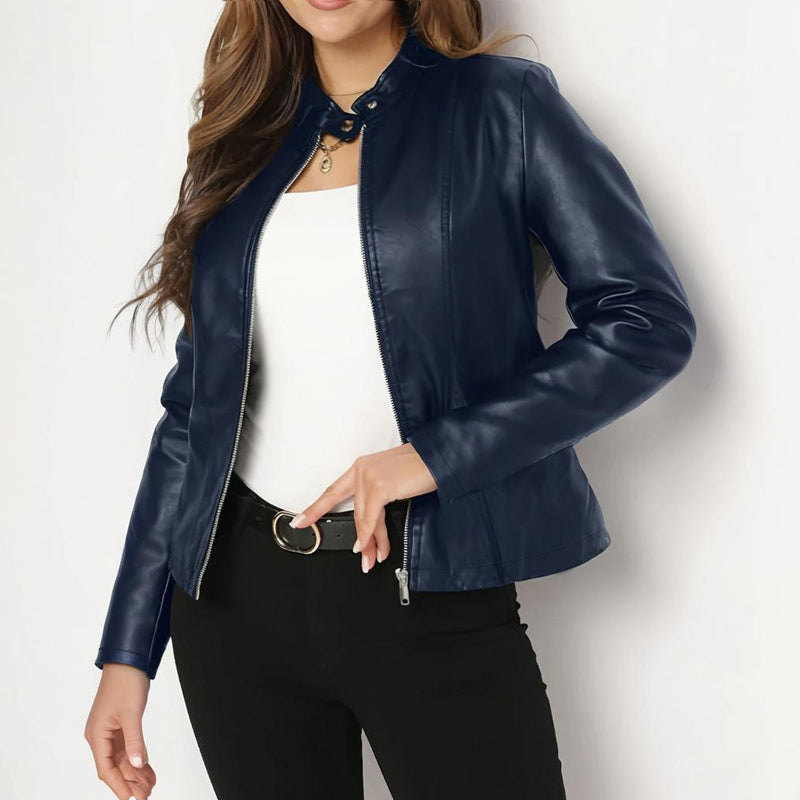 Blazer de piel sintética de manga larga y cuello alto de color liso para mujer