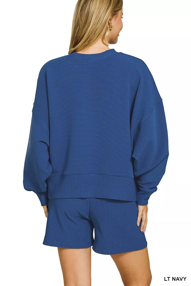 Zenana Ribbed Round Neck Pullover and Shorts Set in Navy