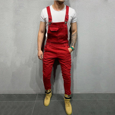 Ripped Denim Pants with Suspenders