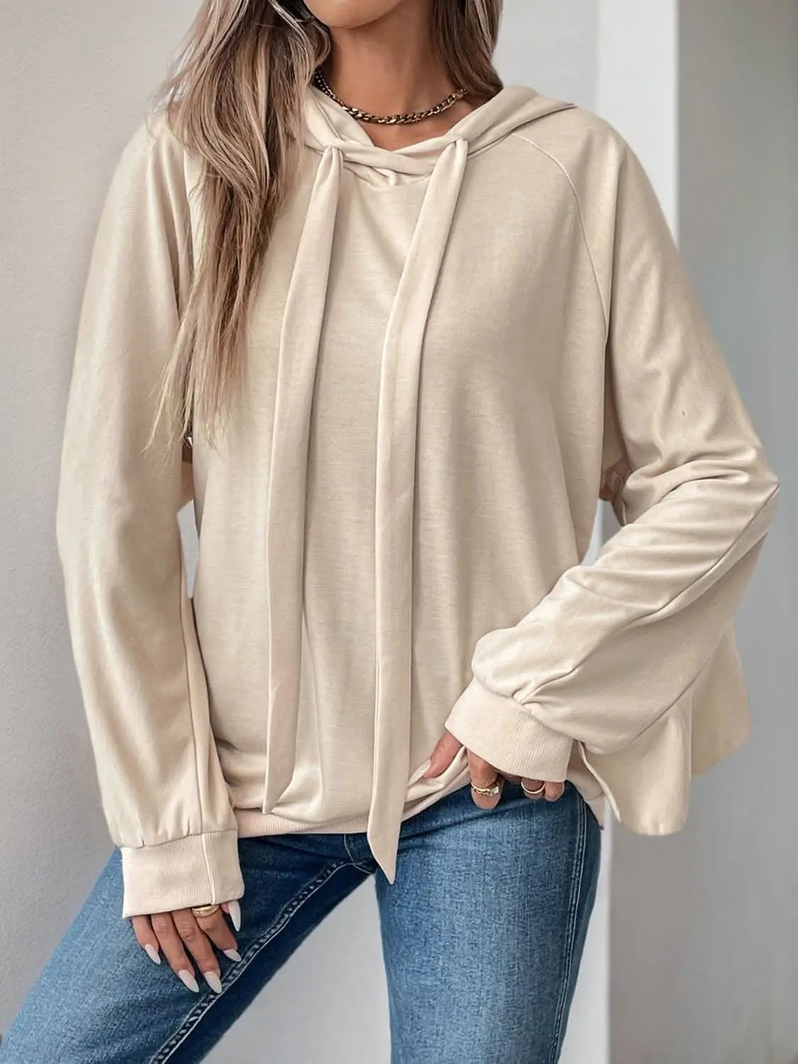 Jackets Trendsi Ruffled Hoodie Women's Casual Drawstring Long Sleeve Top Cozy Stylish