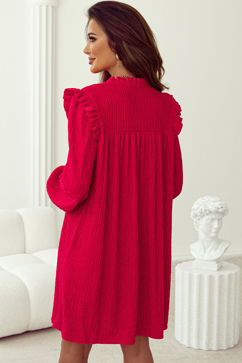 Fiery Red Textured Ruffled Trim V-neck Loose Fit Mini Dress