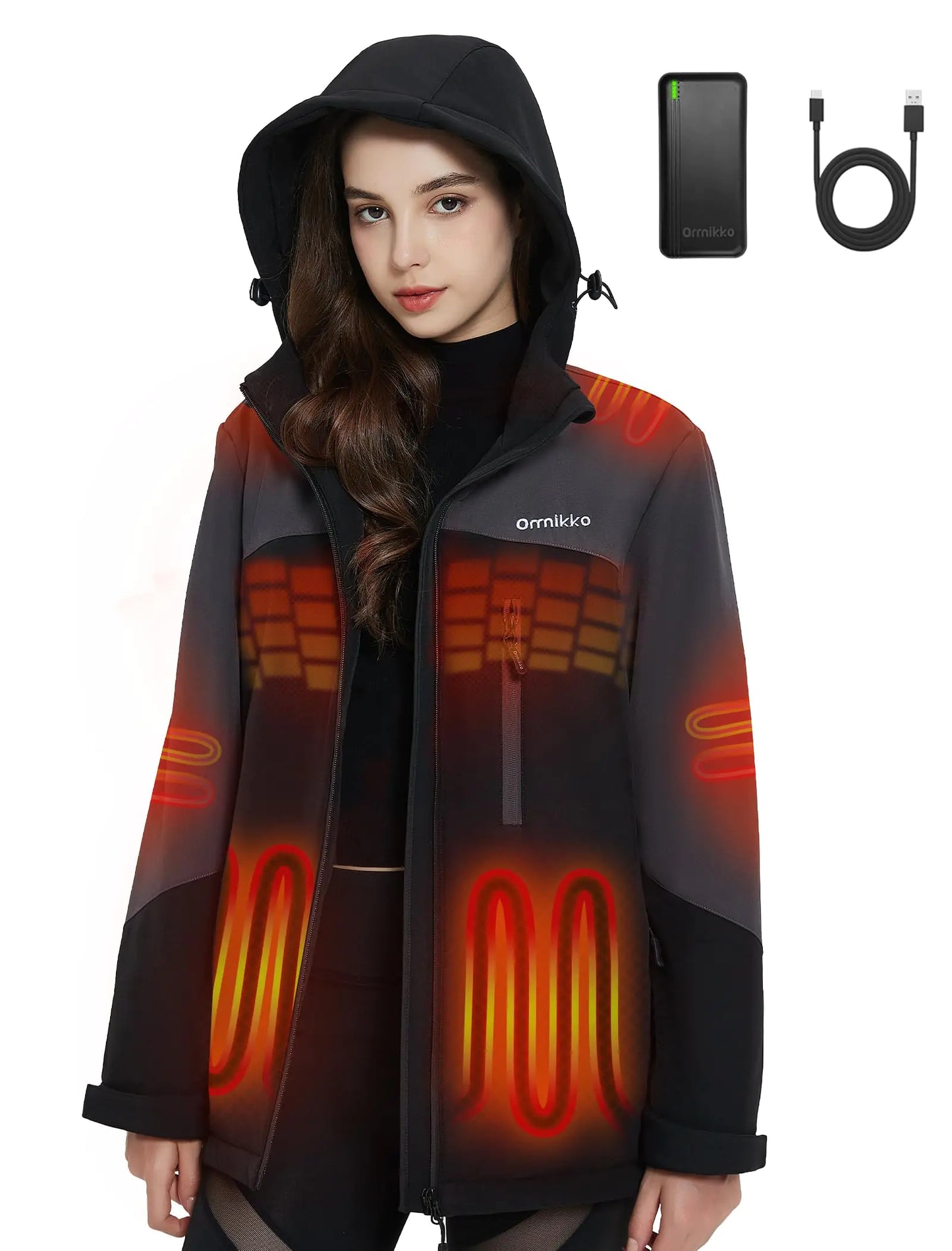 ORRNIKKO Womens Heated Jacket with Battery Pack - 20000mAh 7.4V Rechargeable Winter Work Self Electric Jacket with Hood Outdoor M