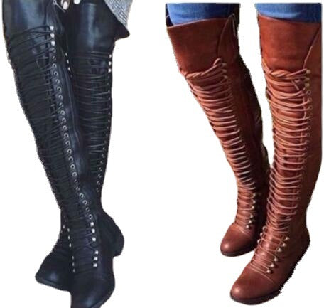 Women's Solid Color Over-the-knee Lace-up Boots
