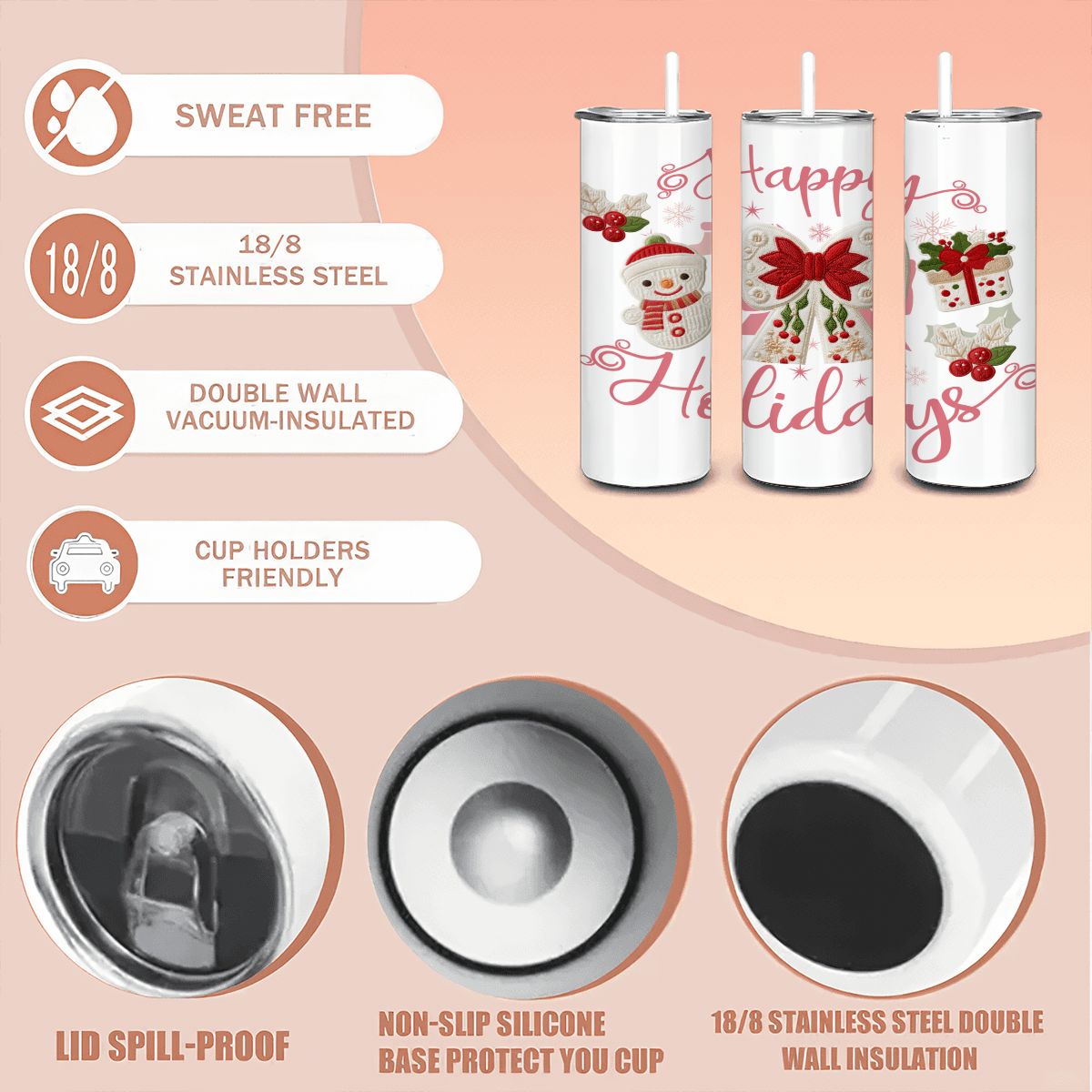 Happy Holidays Faux Yarn 20oz Straight Stainless Steel Tumbler with Straw (Made in USA)