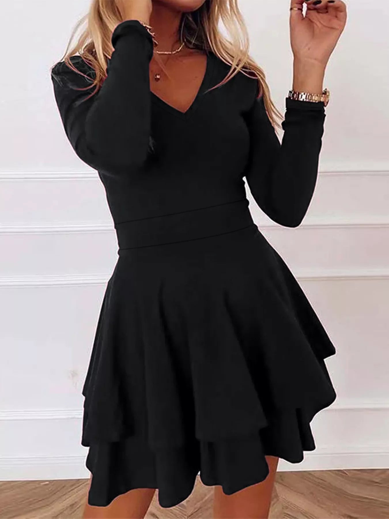 V-Neck Long Sleeve Layered Ruffle Mini Dress