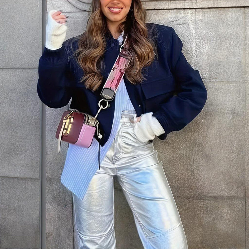 Chaqueta de béisbol de manga larga de color liso para mujer