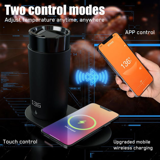 Taza de Café con Control de Temperatura, Calentador Inteligente, Taza de Viaje de 350 ml, Calentador Controlado por Aplicación, Pantalla LED de 4-10 Horas, Mantiene el Café Caliente Todo el Día, Base de Carga Inalámbrica Rápida, Negro Mate