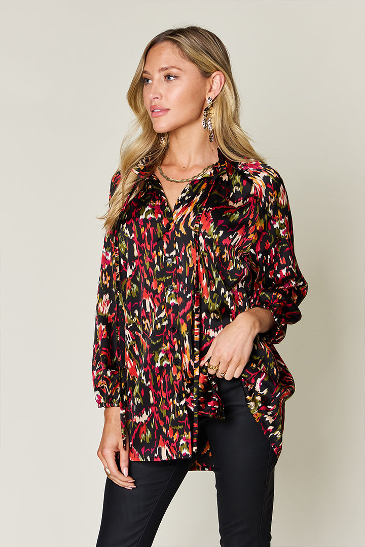 Printed Long Sleeve Button-Down Top