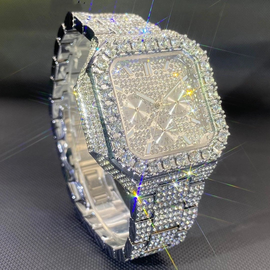 Men's Watch Square-shaped Fully Diamond-encrusted Multi-functional