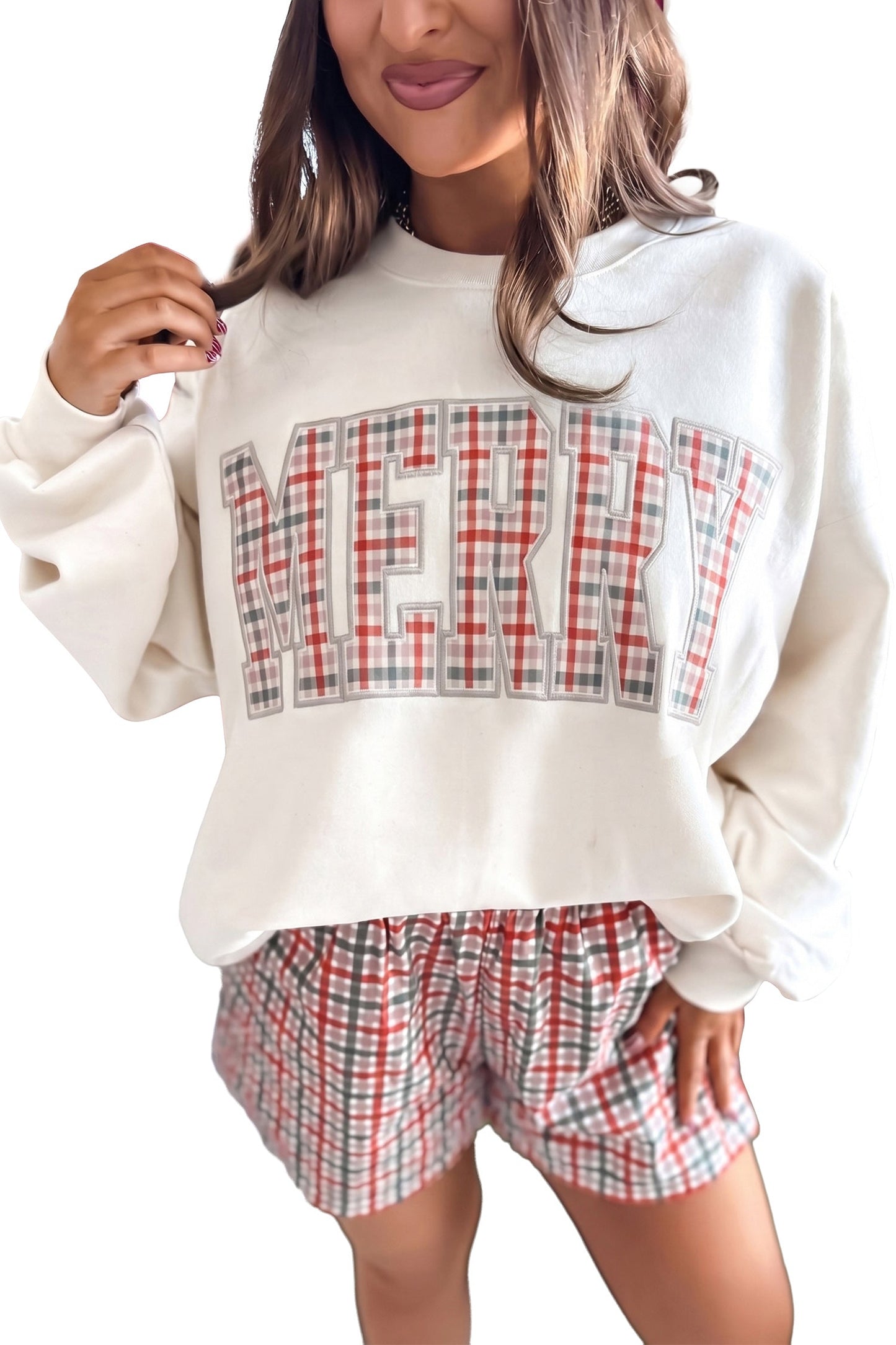 Multicolour Plaid MERRY Holiday Long Sleeve Top and Shorts Set