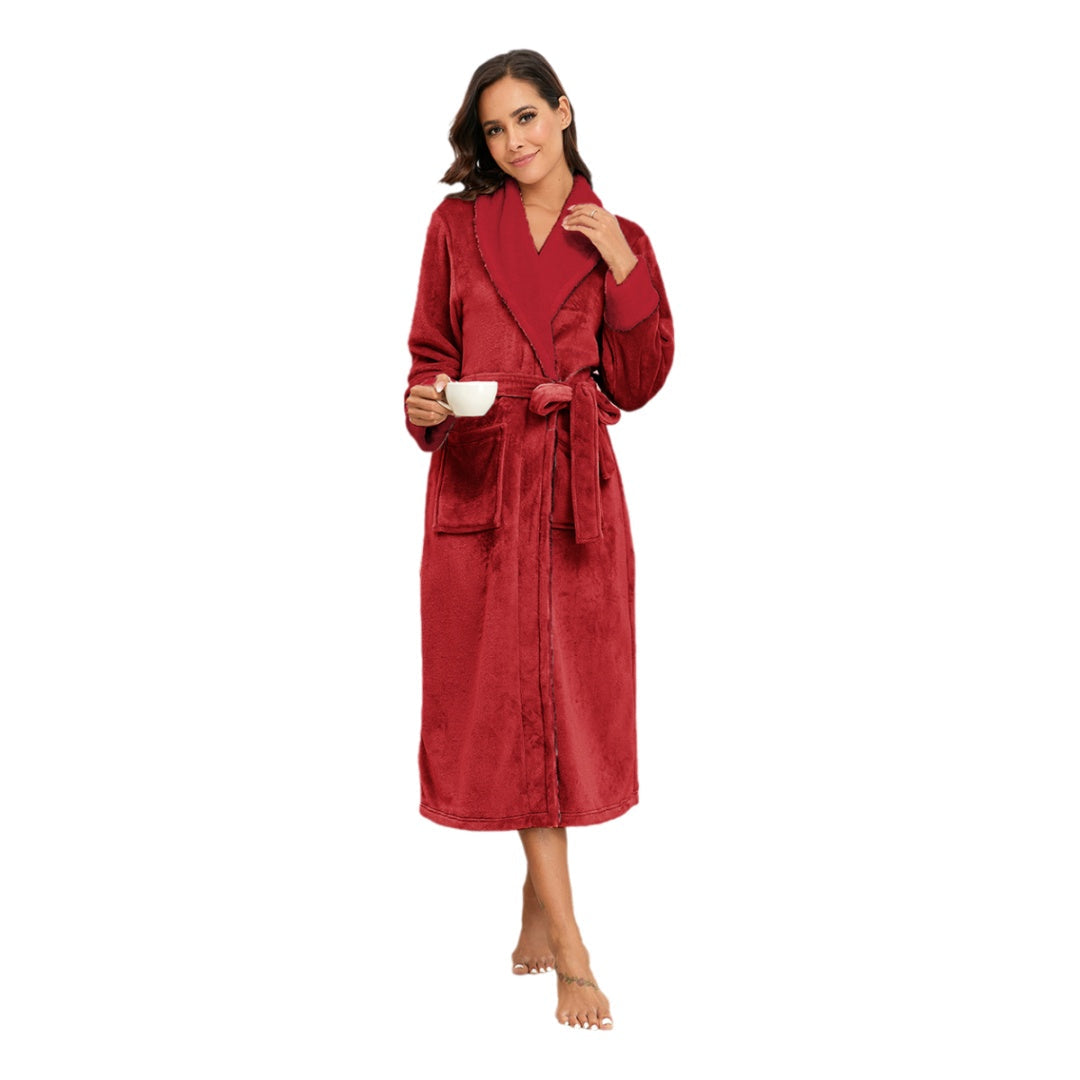 Women's Red Plush Fleece Long Bathrobe