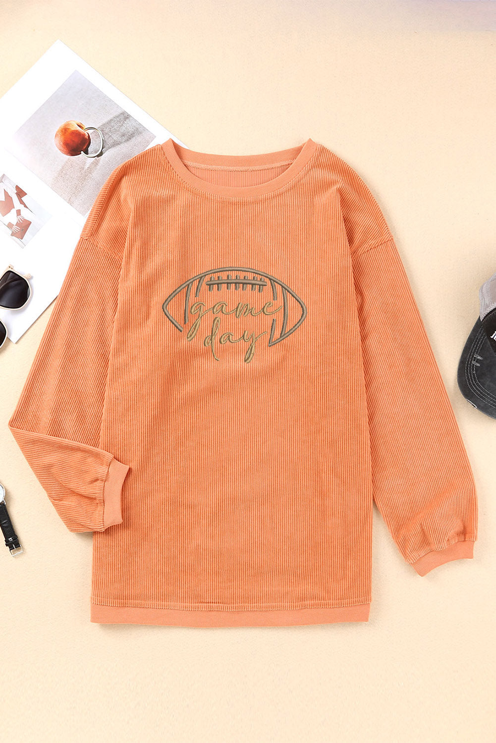 Sudadera de pana bordada "Día de partido de rugby" naranja