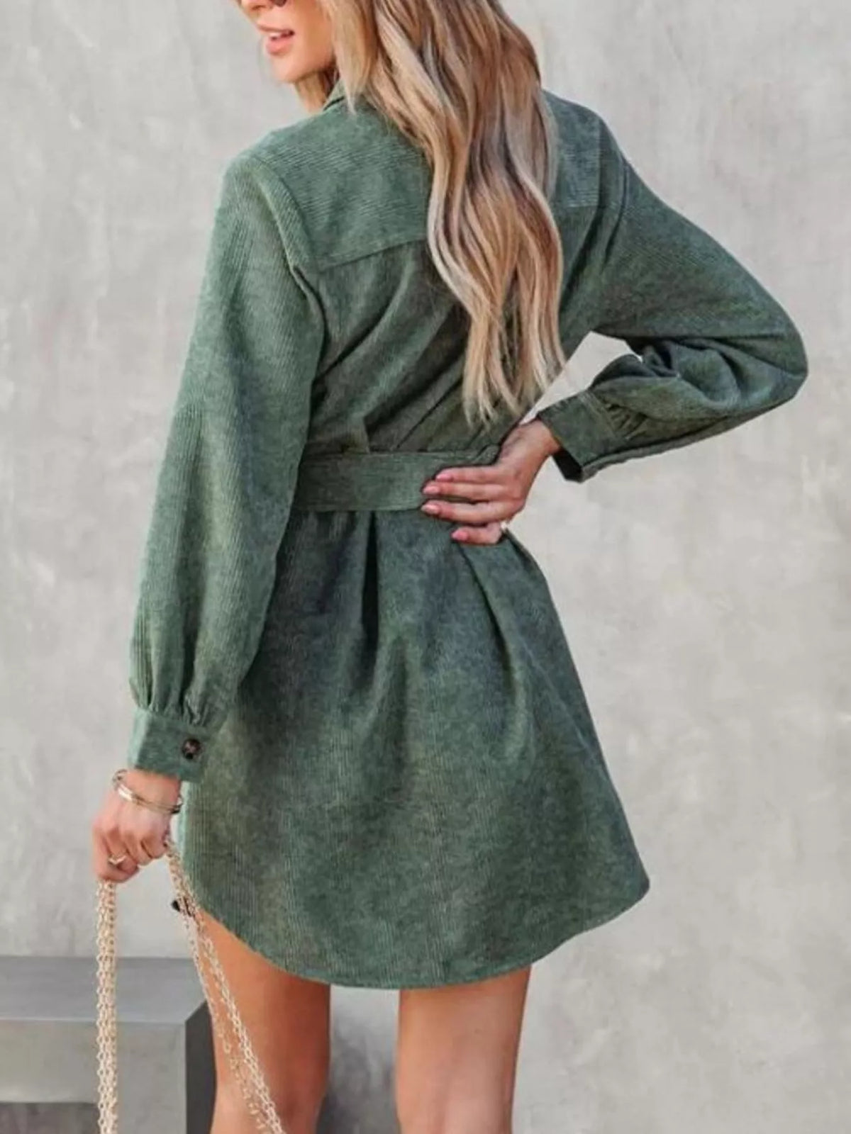 Button Front Belt Long Sleeve Corduroy Dress