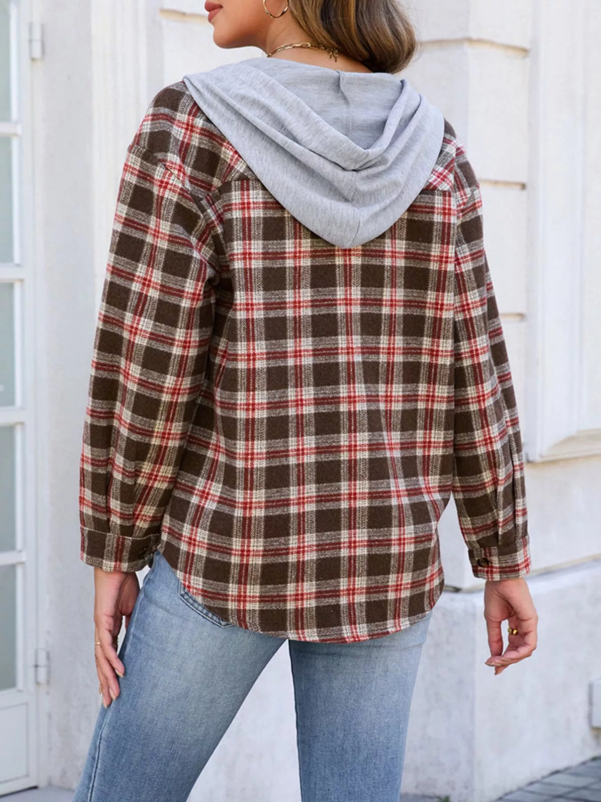 Hooded Plaid Button-Up Shacket