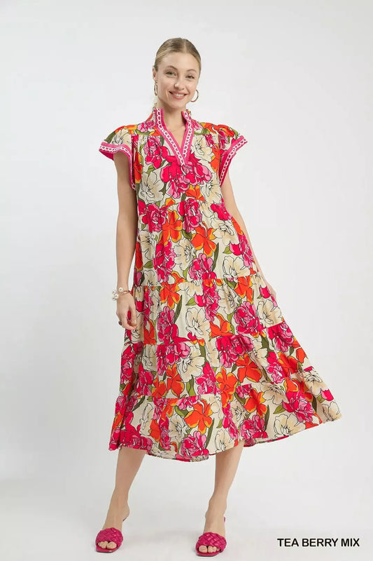 Umgee Mix Bold Floral Tiered Midi Dress