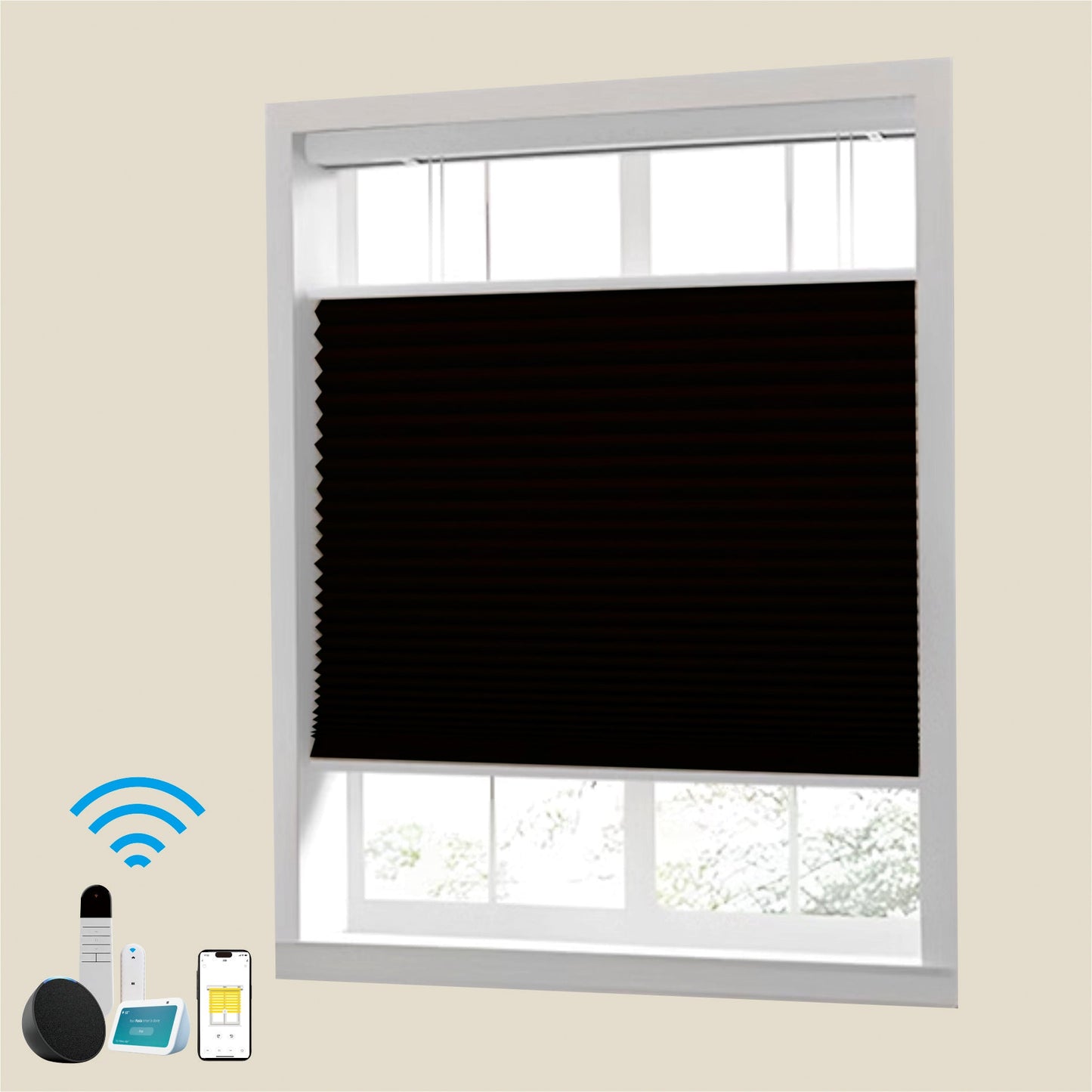Raised Flag Day-Night Shade With Remote Control And Solar Panel-Full Blackout Motorized Shades For Home And Office-Cordless Organ Shade-Cordless Cellular Shade-Khaki