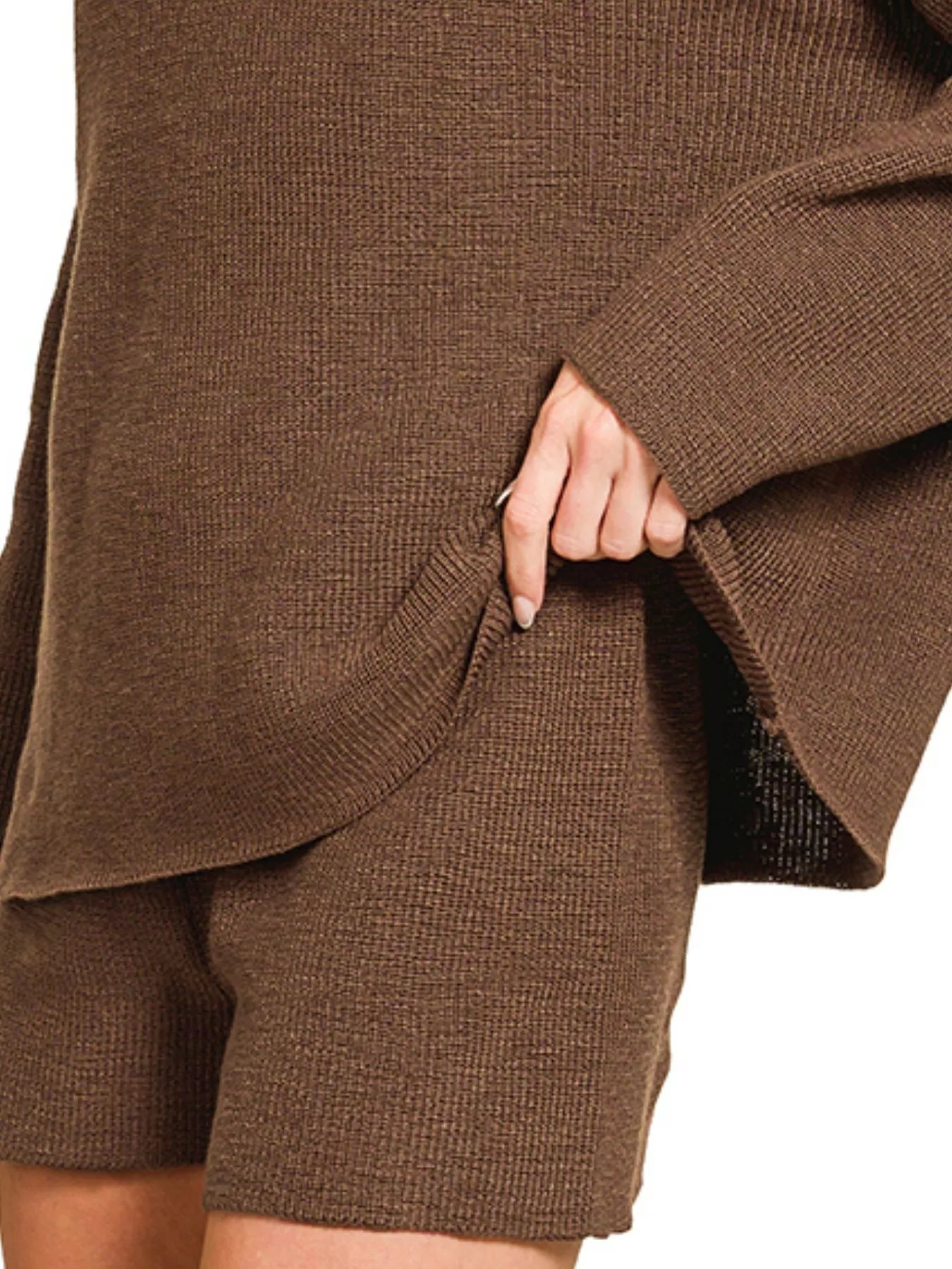 Zenana Round Neck Knit Top and Shorts Sweater Set in Brown