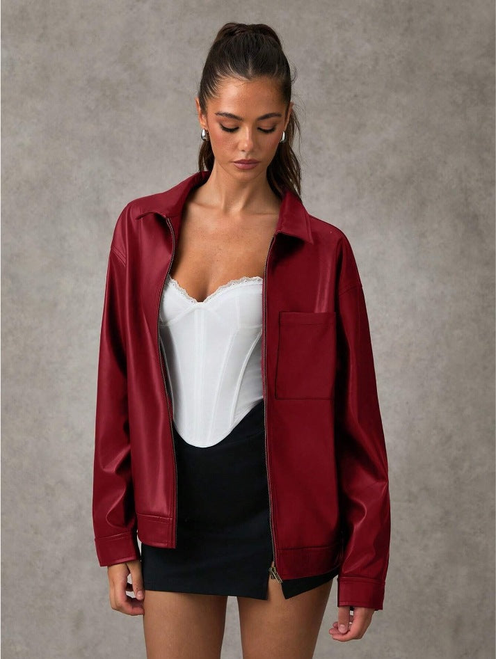 High-end Sophisticated Leather Jacket With A Lapel Collar And Zipper-front Cardigan Top