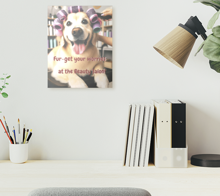 Happy Dog at the Hair Salon High Gloss Aluminum Print - 11" x 14"