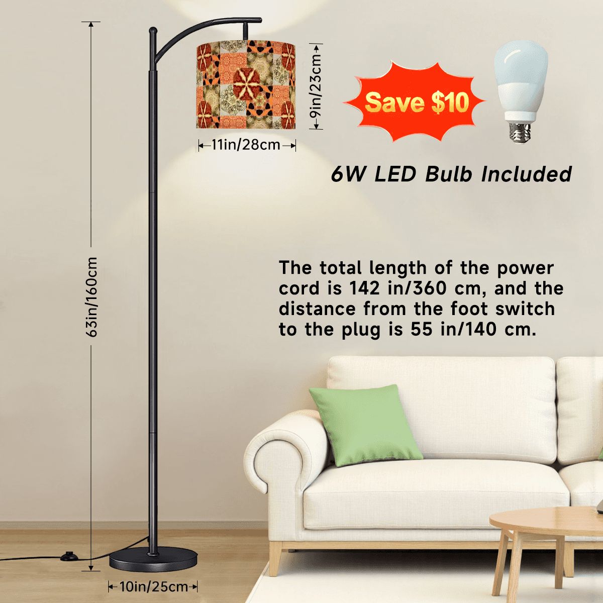 Heritage Revival Quilt Design Arc Floor Lamp (Made in USA)