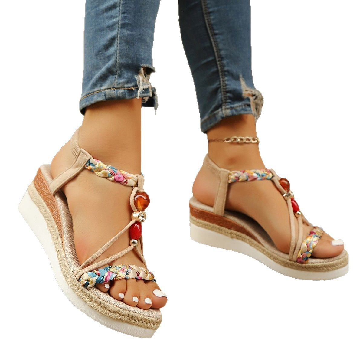 Women's Rhinestone Beaded Wedge Sandals