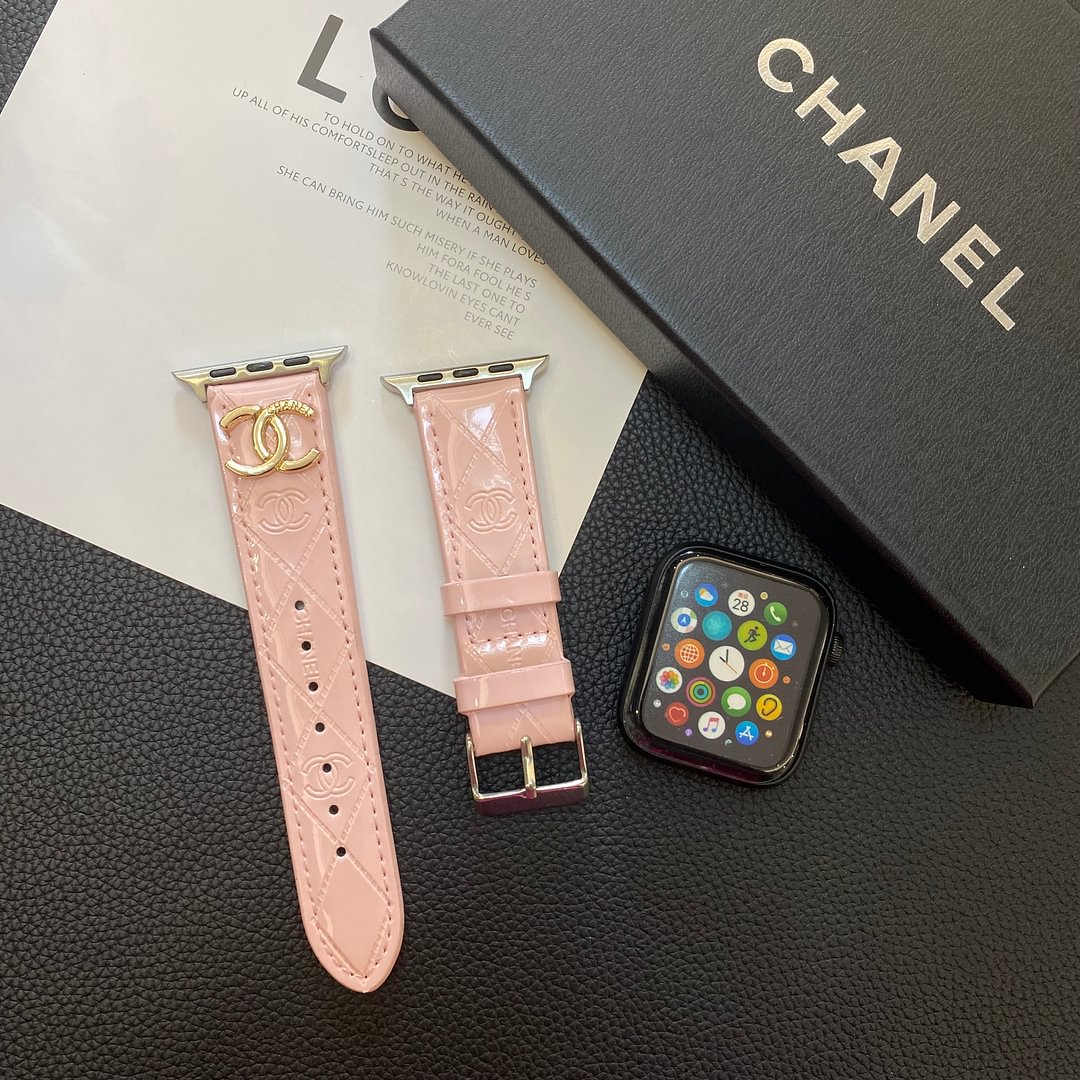Correa de cuero brillante para Apple Watch con logotipo metálico de lujo
