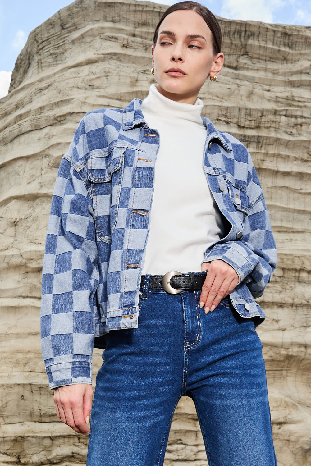 Chaqueta de jean con botones, a cuadros patchwork azul claro