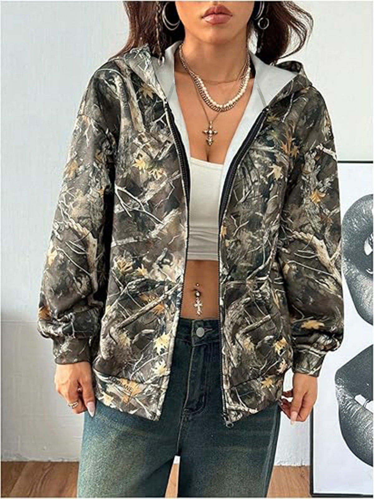 Women's Autumn Camouflage Loose Long Sleeve Jacket, Trendy Maple Leaf Print Versatile Casual Outerwear