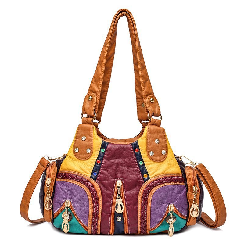 Washed Mother Bag with Rivets and Diamond Details