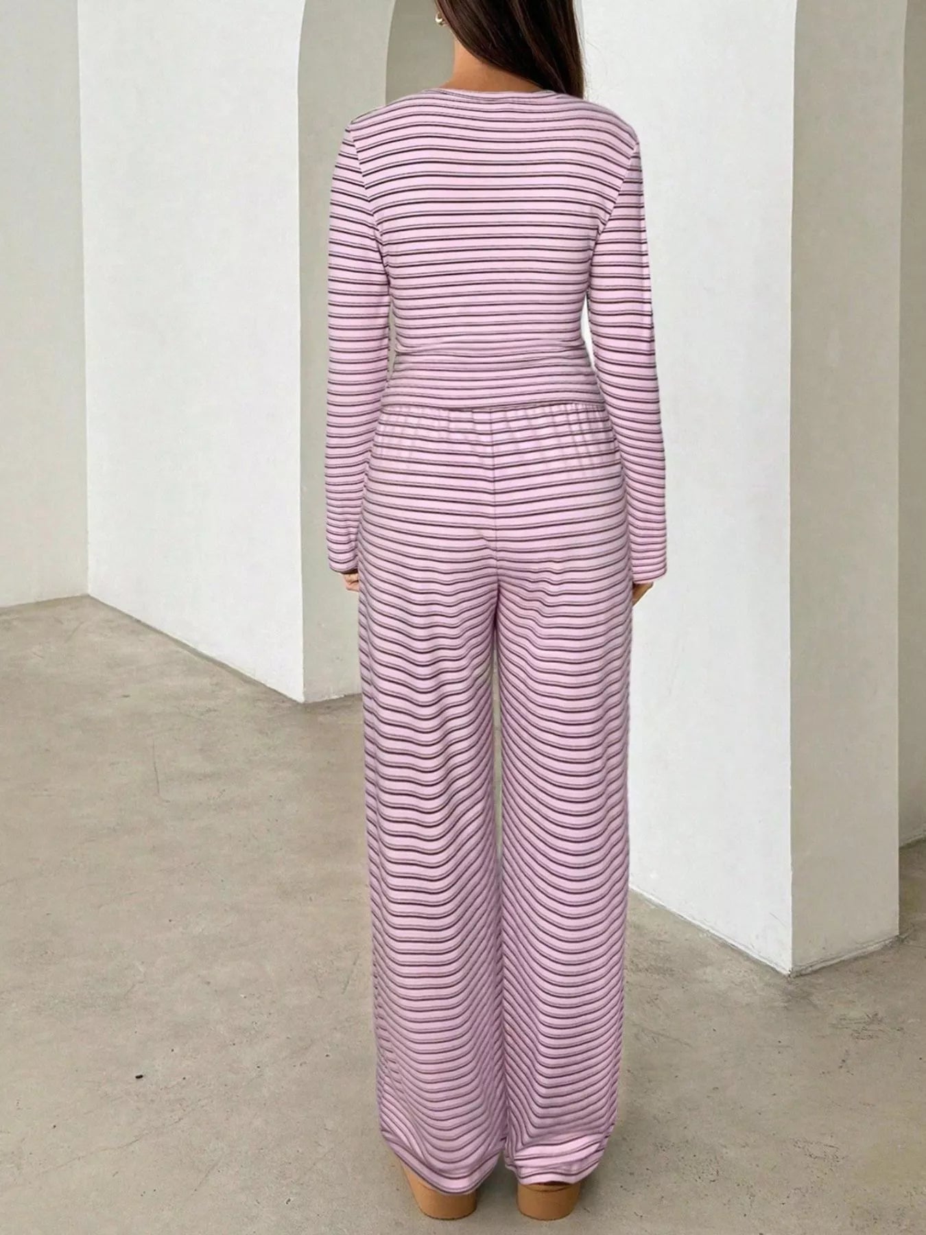 Striped Long Sleeve Crop Top and Wide Leg Pants Two-Piece Set