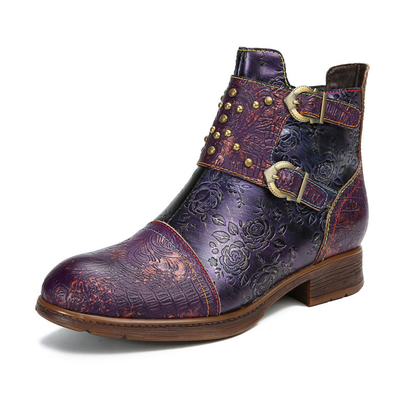 Botas de moda para mujer con hebilla de remache retro. Consulta la tabla de tallas en "más detalles".