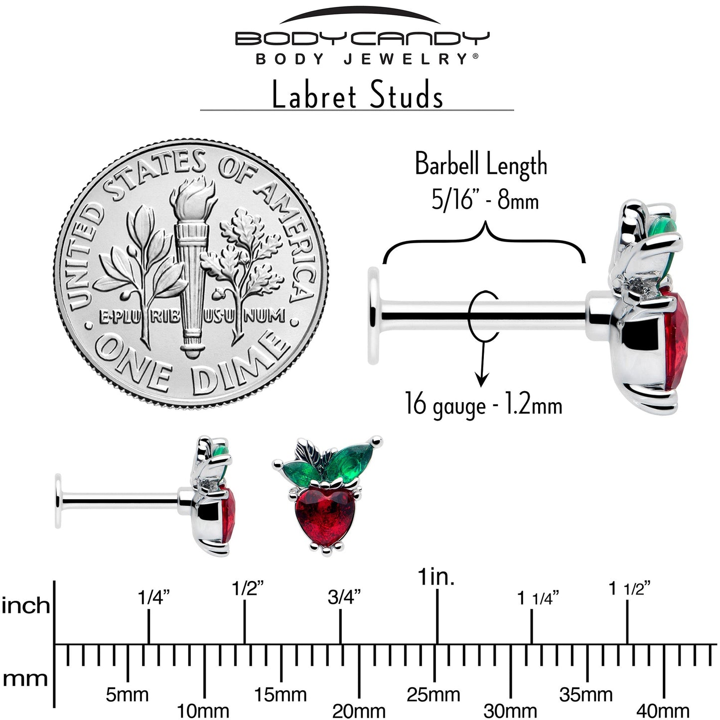 16G 5/16 Red Green Gem Strawberry Heart Labret Monroe Tragus