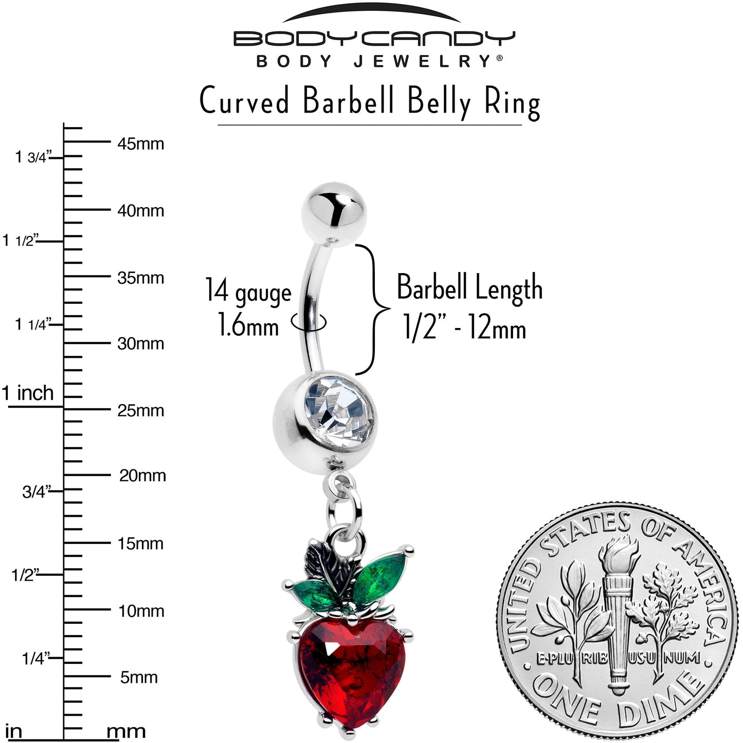 Clear Red Green Gem Strawberry Heart Dangle Belly Ring