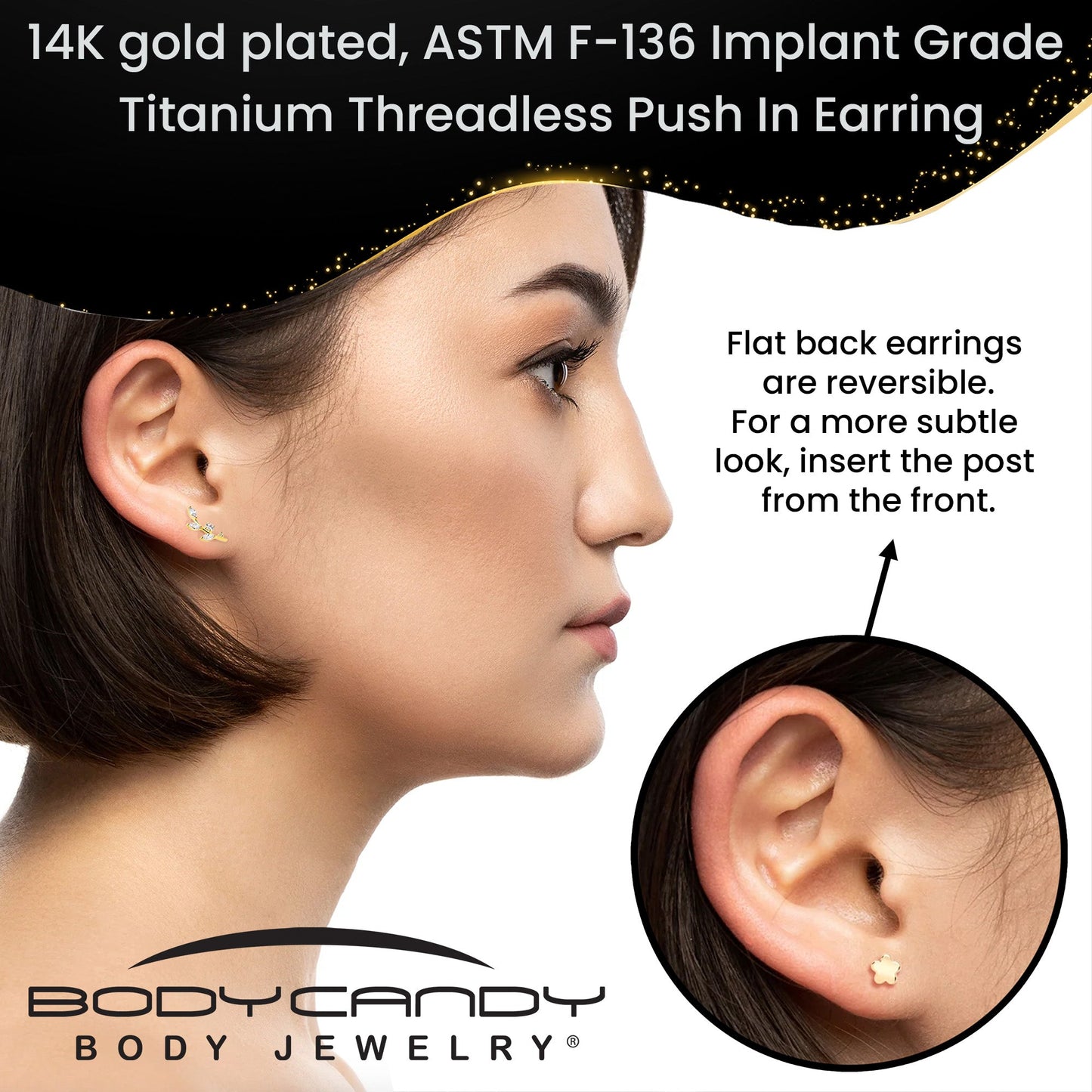 18G 1/4 Clear Gem Gold PVD Implant Grade Titanium Leaves Threadless Flatback Earring