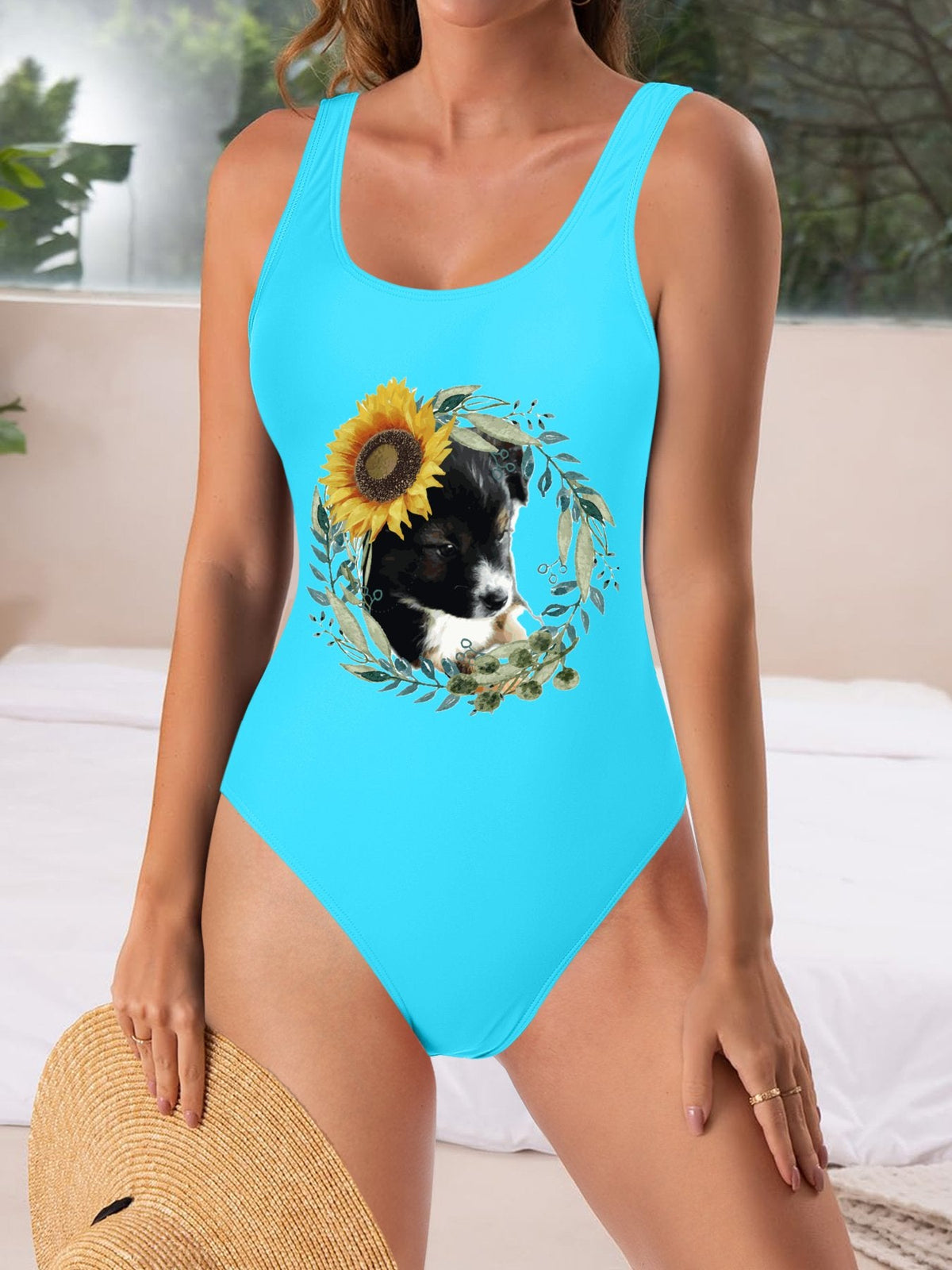 Cute Black Puppy One-Piece Swimsuit for Women (Front Printing)