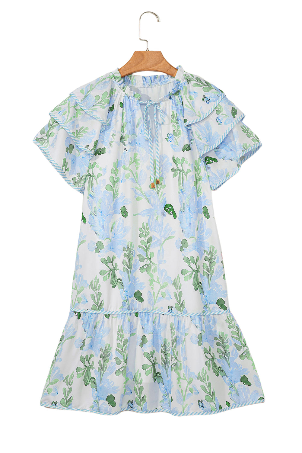 Minivestido de manga corta con capas y ribete en contraste floral azul cielo