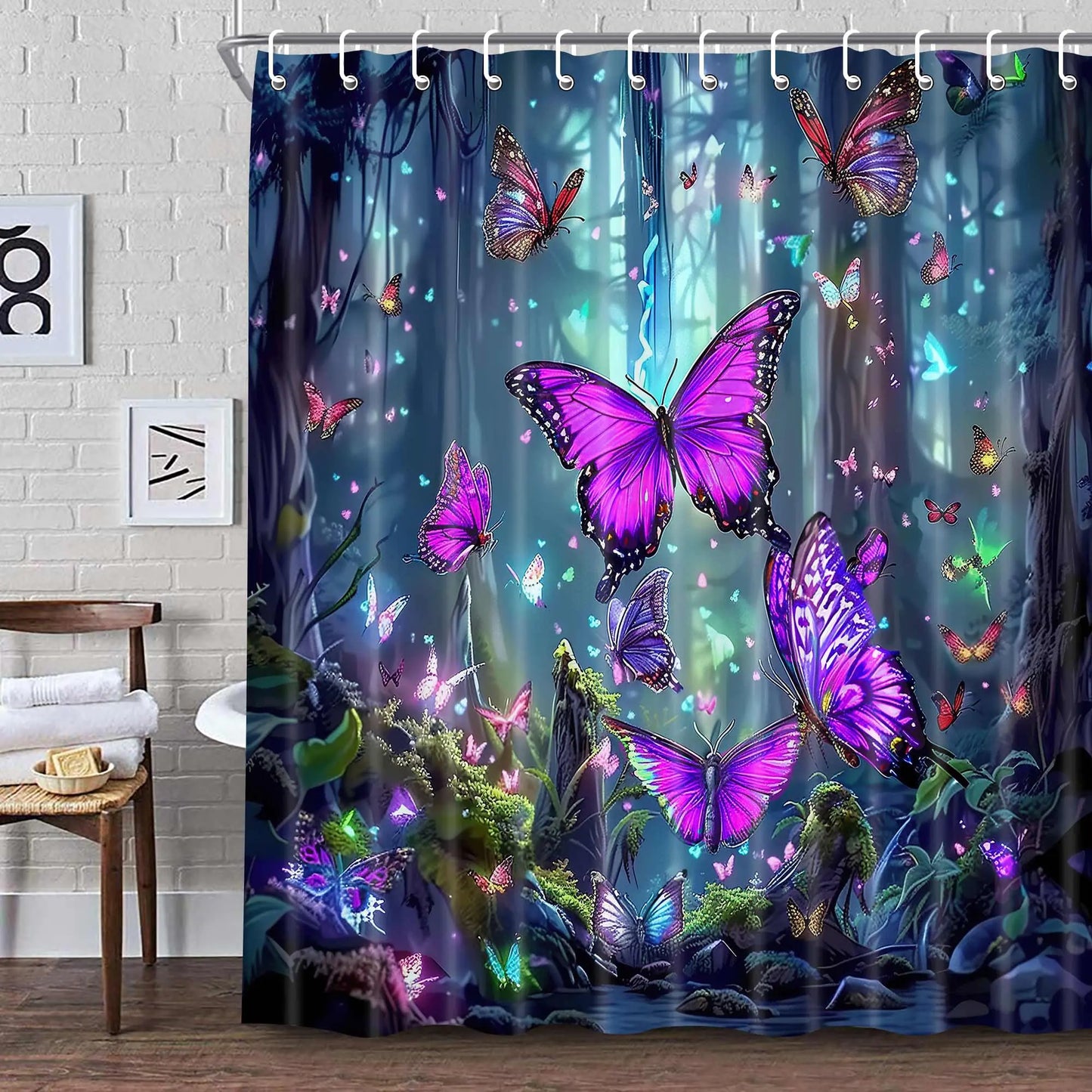 Fantasy Forest Shower Curtain,Magic Fairy Tale Gemstone Blue Forest Butterfly Shower Curtain for Bathroom Modern Fabric Cloth Waterproof Bath Curtain with Hooks