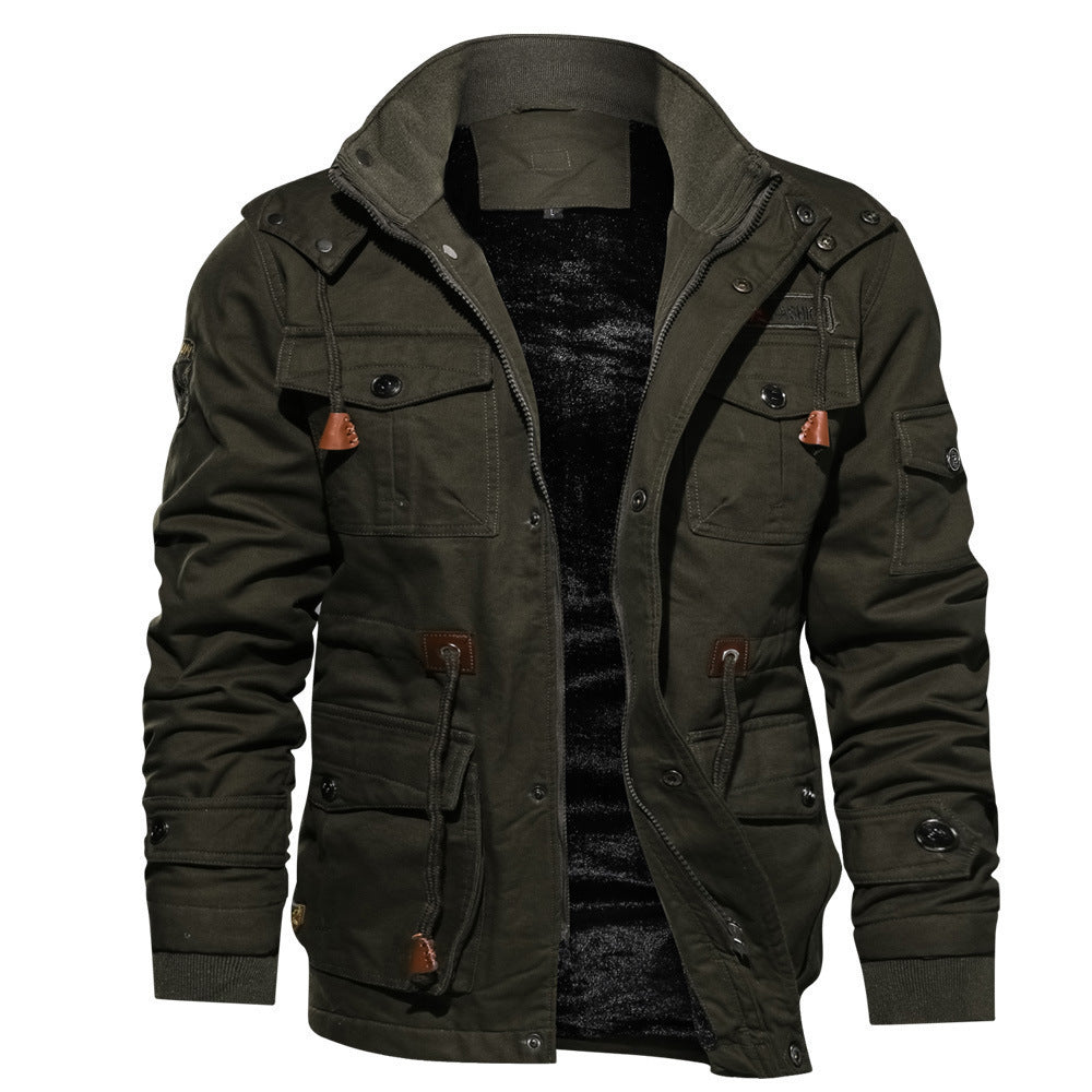 Abrigo de invierno con cremallera, cálido, engrosado, con capucha desmontable, chaqueta multibolsillos, botones, cordón, manga larga, tops de ropa cargo para hombre