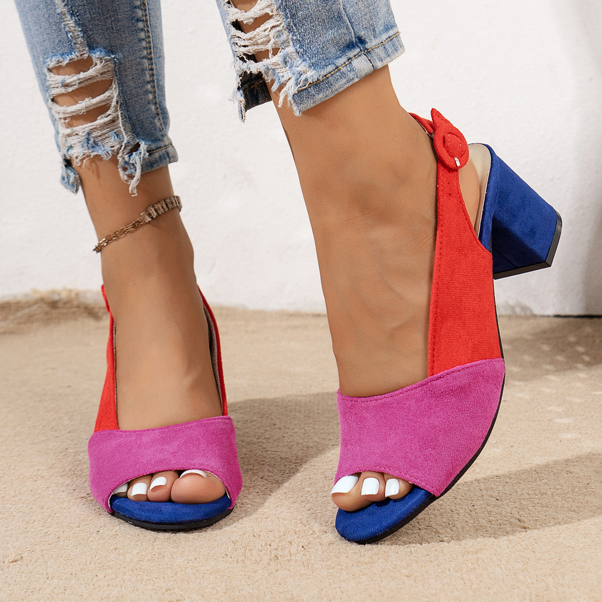 Women's Colorful Block-Heeled Round-Toe Sandals