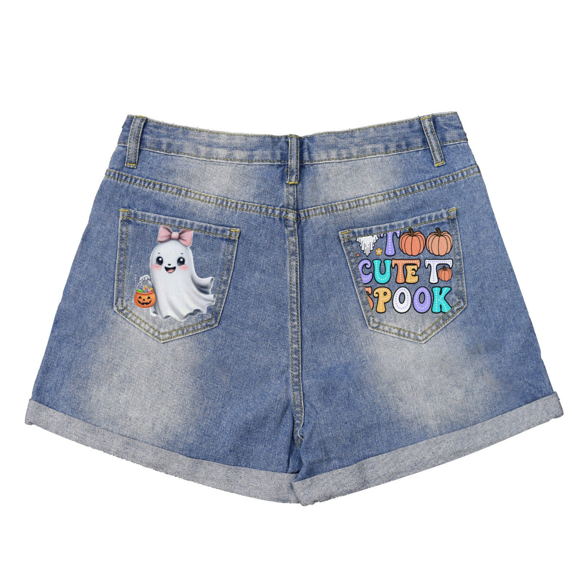 Too Cute to Spook Ghost Light Blue Denim Shorts with Dual Pockets Design