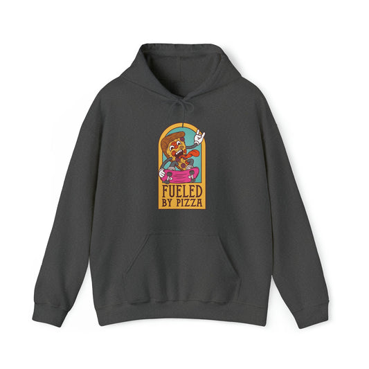 "DirkyThreadz Fueled By Pizza Hoodie - Playful Graphic Design for Pizza Lovers"